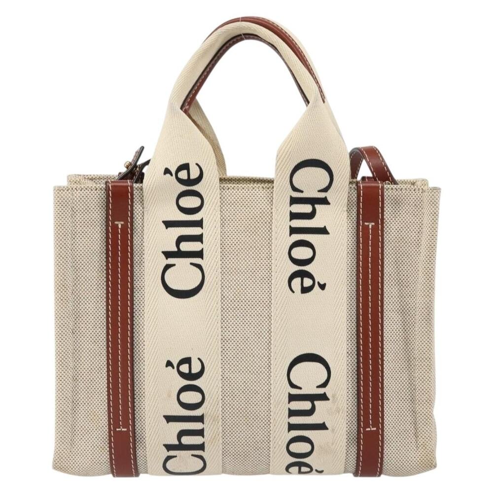 Chloe Canvas Leather Woody Handbag Beige